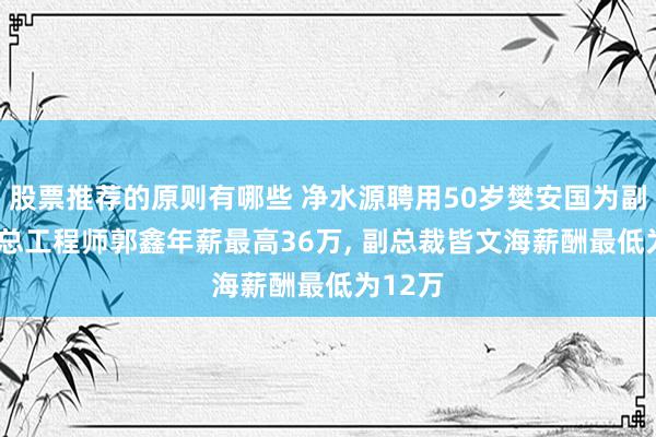 股票推荐的原则有哪些 净水源聘用50岁樊安国为副总裁, 总工程师郭鑫年薪最高36万, 副总裁皆文海薪酬最低为12万